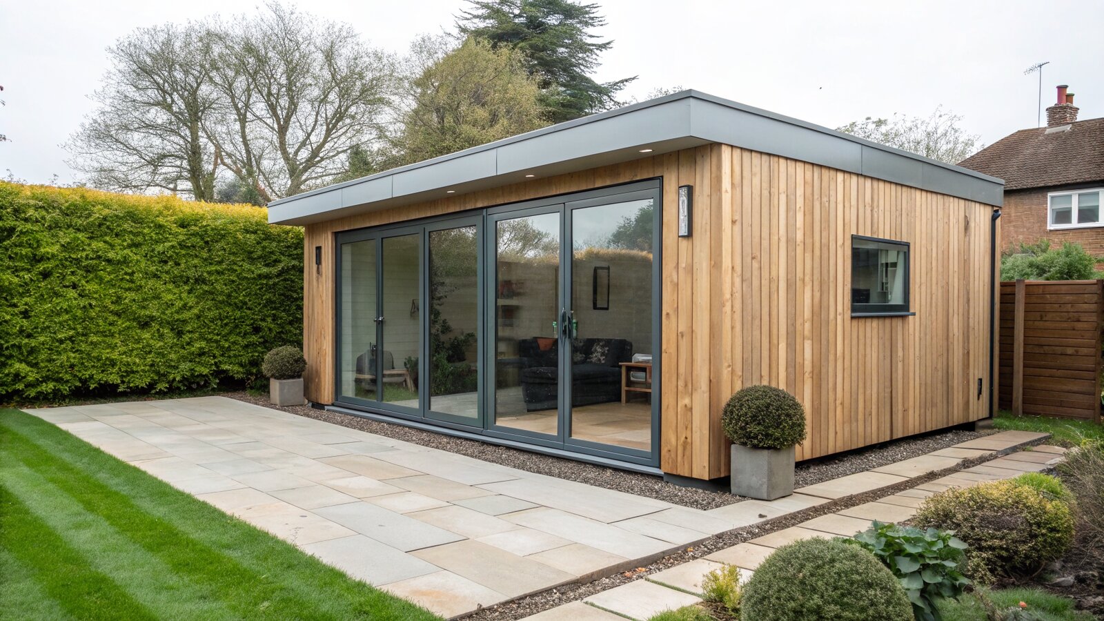 Modern timber clad garden room with glass doors in a UK back garden