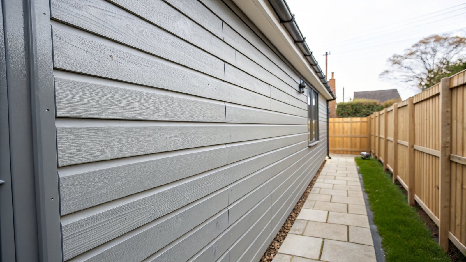 Fibre cement clad garden room wall built close to a garden boundary fence