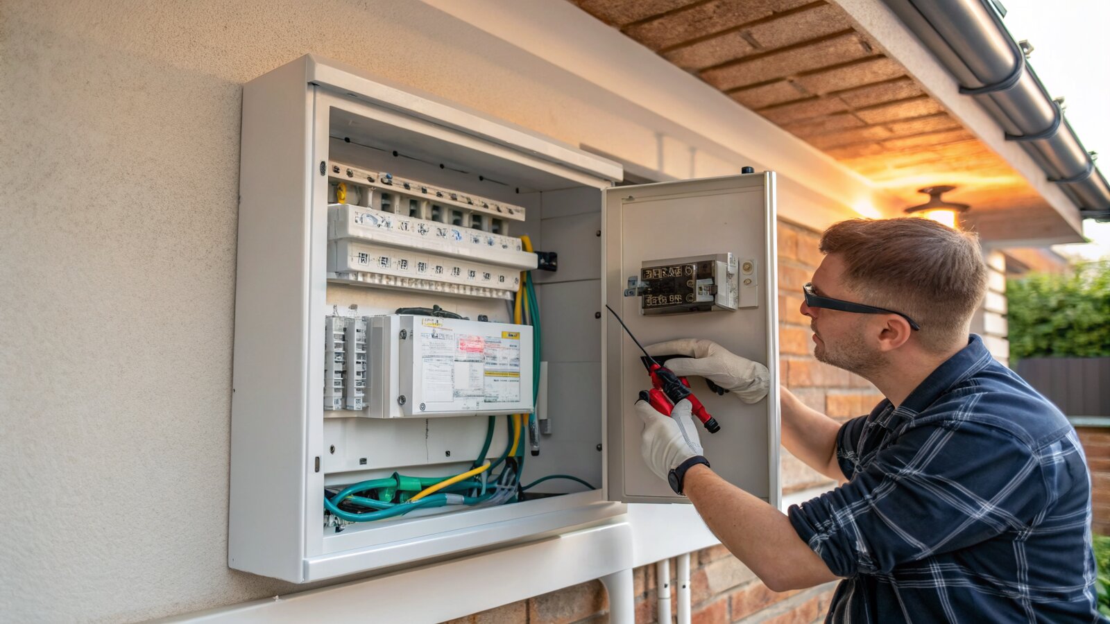 Electrical consumer unit and tester inside a garden room electrical installation