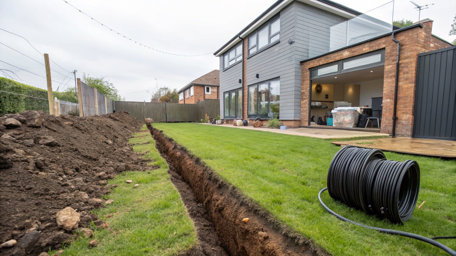 A trench dug across a garden lawn between a house and a garden room ready for armoured cable