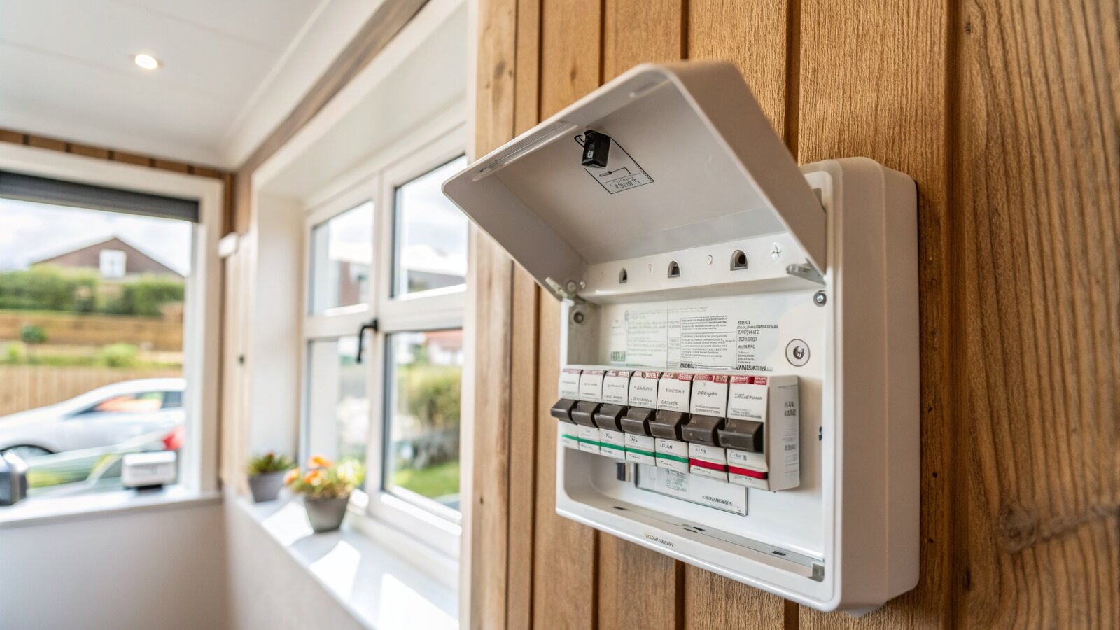 A small consumer unit with circuit breakers mounted inside a garden room