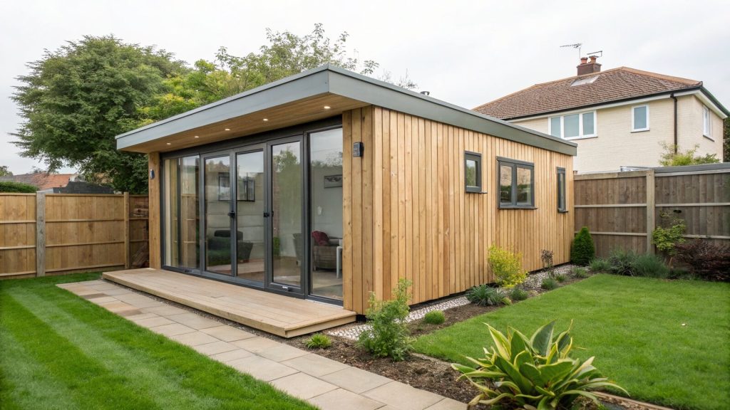 Modern timber garden room with glass doors at the end of a UK back garden