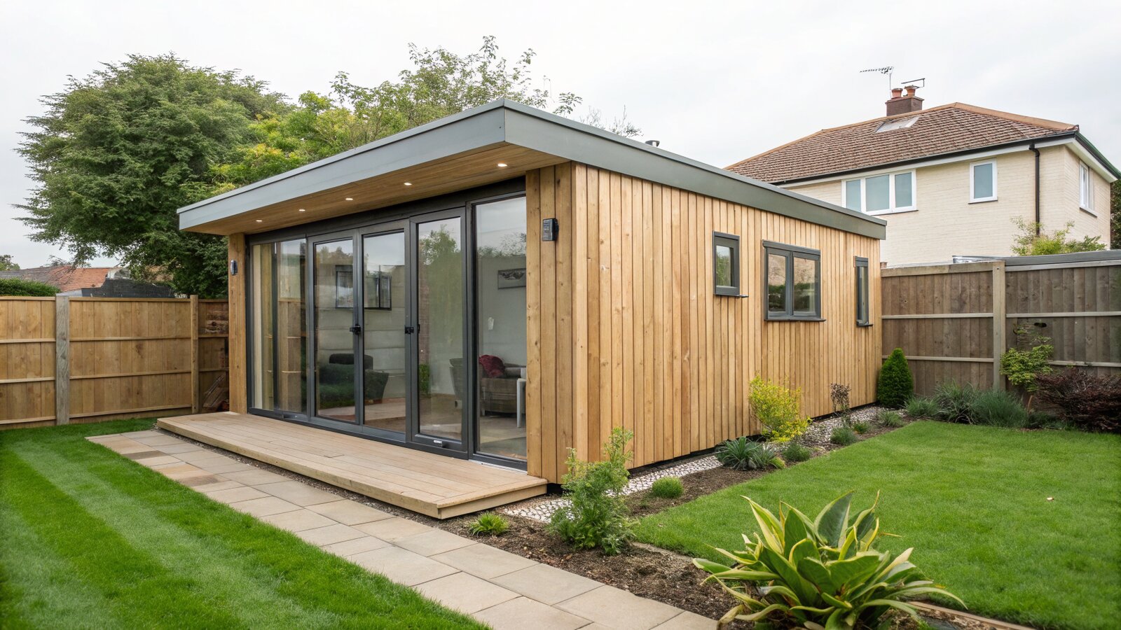 Modern timber garden room with glass doors at the end of a UK back garden