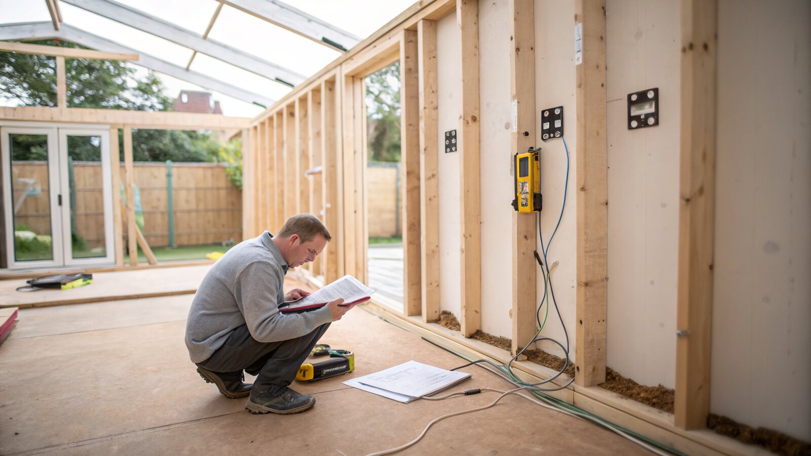Garden room under construction showing insulation, framing and electrical consumer unit