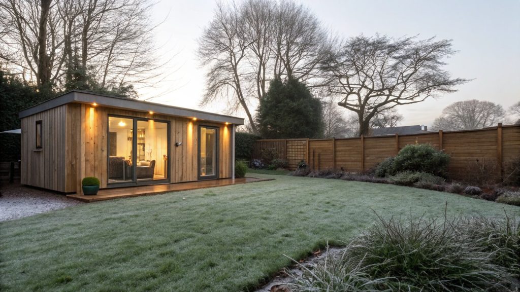 Modern UK garden room glowing warmly on a frosty winter morning