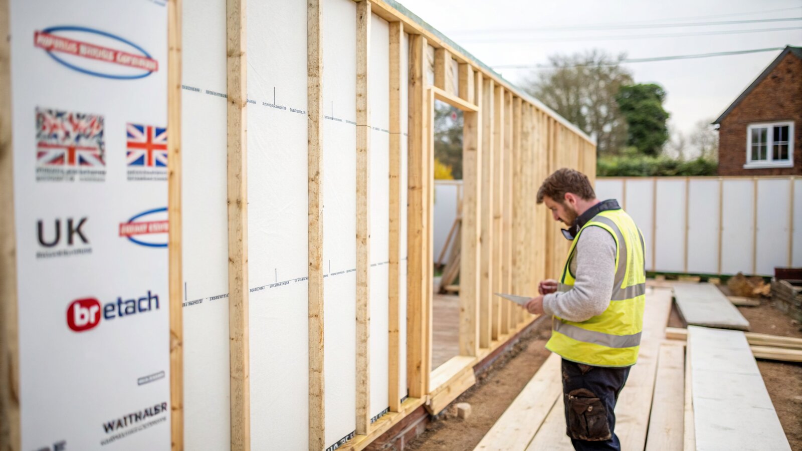 Thick rigid insulation boards fitted between deep timber studs in a garden room wall