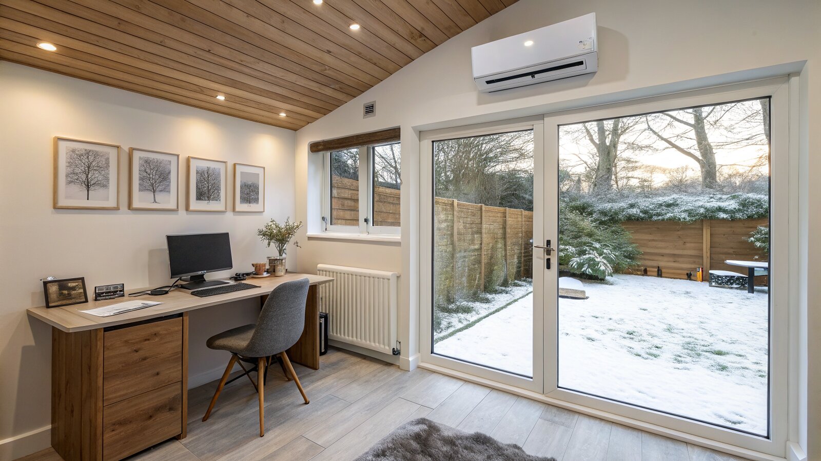 Garden room office interior with a wall-mounted heat pump and a slim electric radiator