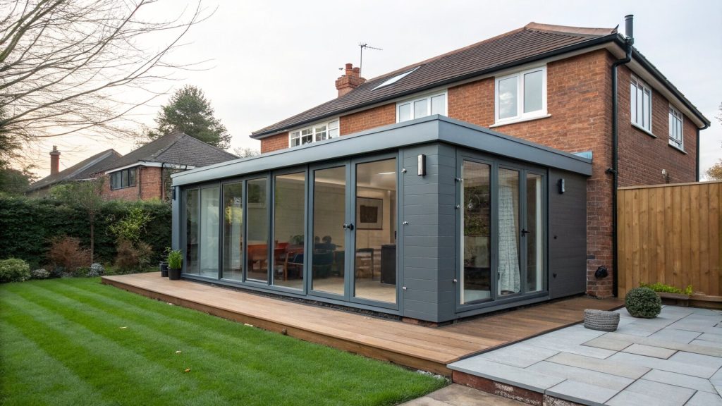 A modern garden room and a brick house extension shown together in a UK back garden