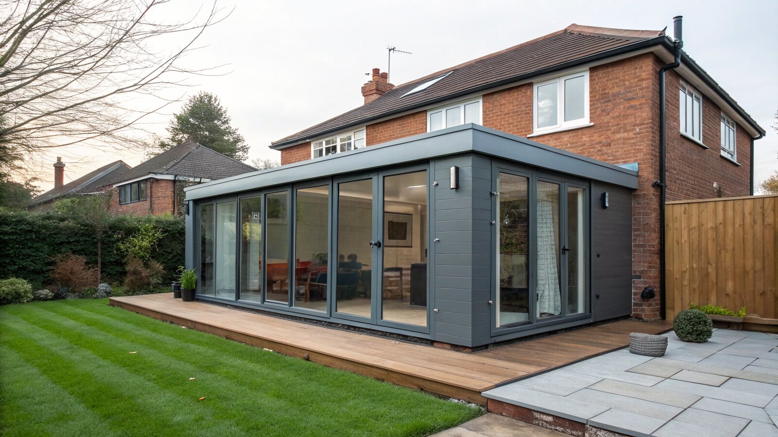 A modern garden room and a brick house extension shown together in a UK back garden