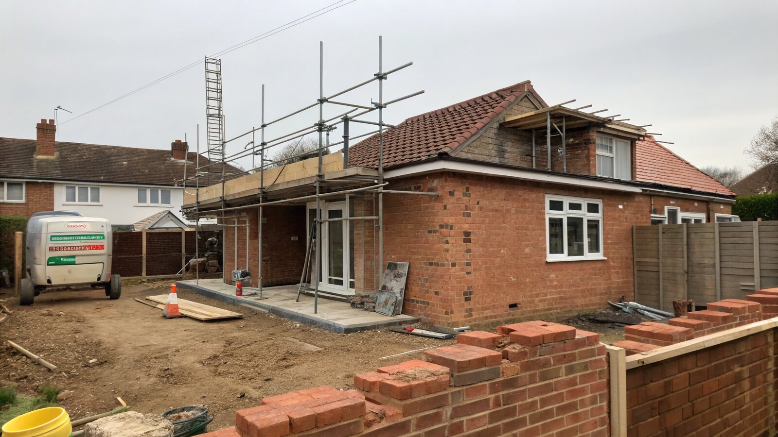 A part built single storey rear extension under construction with scaffolding in a UK garden