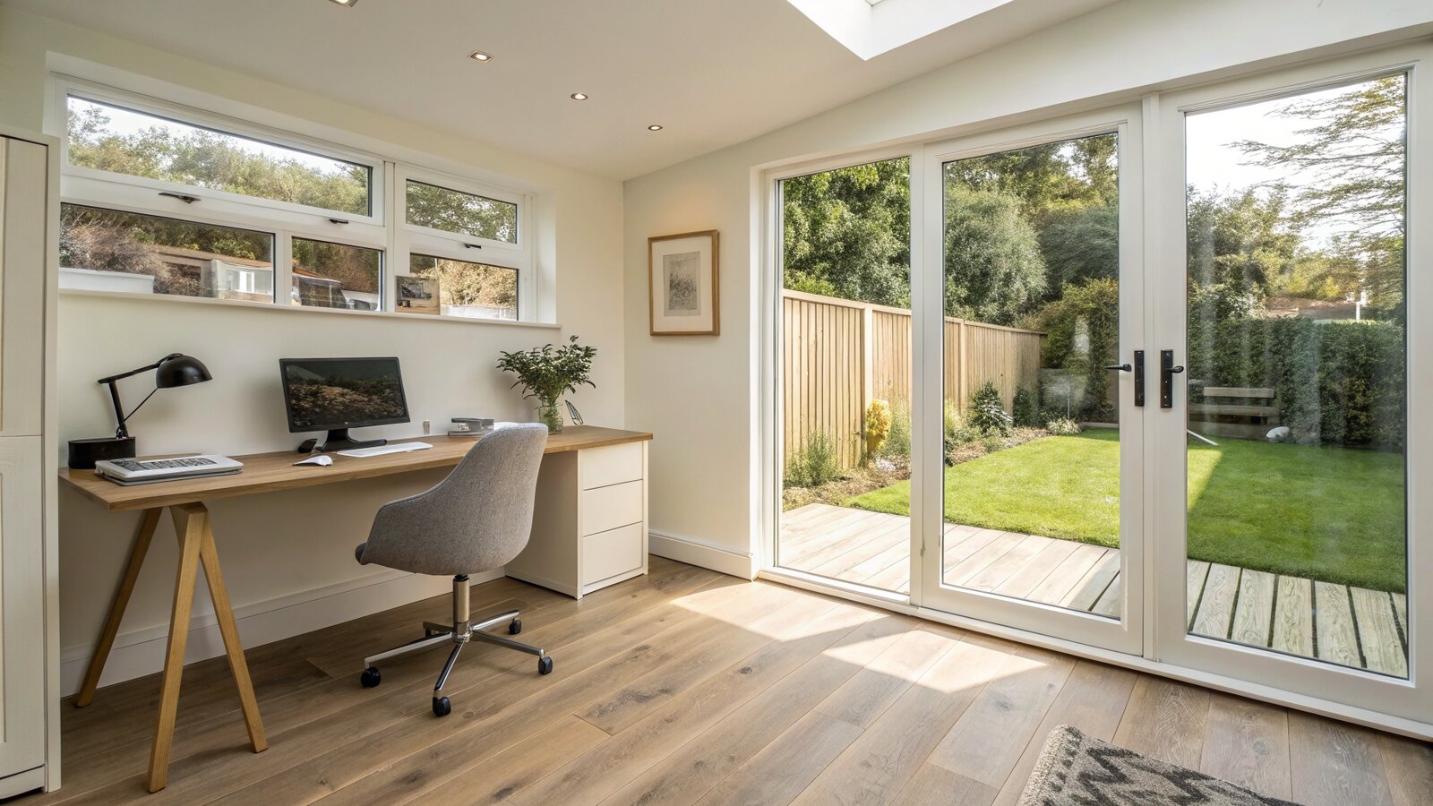 Interior of a garden room set up as a home office looking out to a UK garden