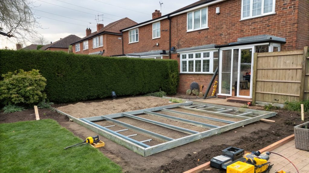 Galvanised steel ground screws installed in a UK back garden lawn ready for a garden room foundation