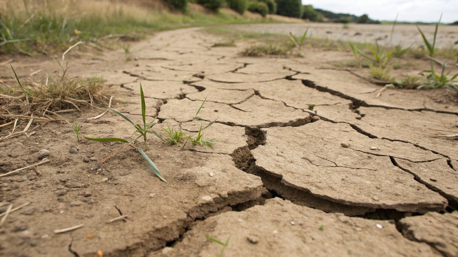 Cracked dry clay soil in an English garden showing summer shrinkage typical of shrink-swell ground