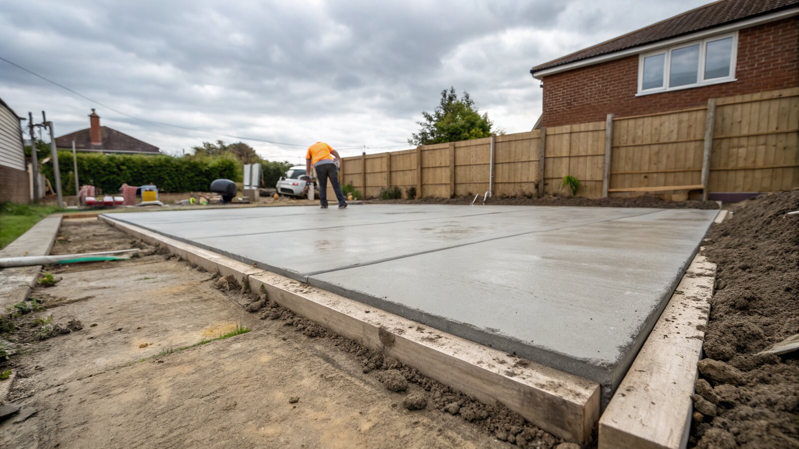 A freshly poured reinforced concrete base for a garden room in a UK back garden