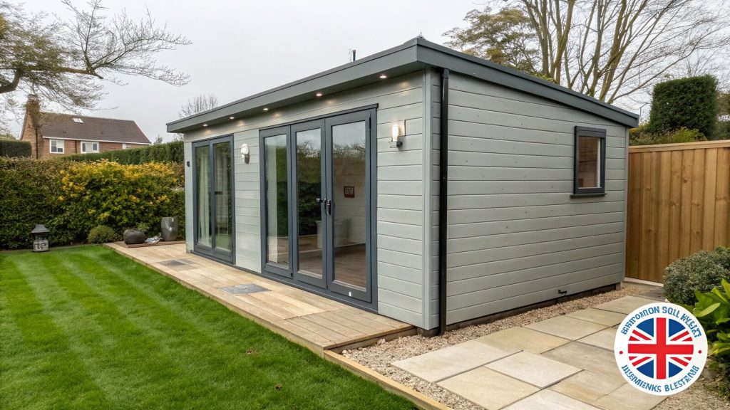 A modern insulated garden office with bifold doors in a UK garden