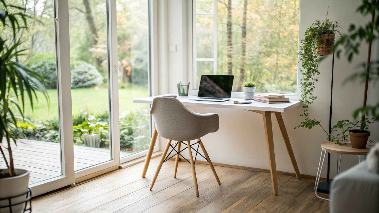 Interior of a bright garden office with a desk by a large window