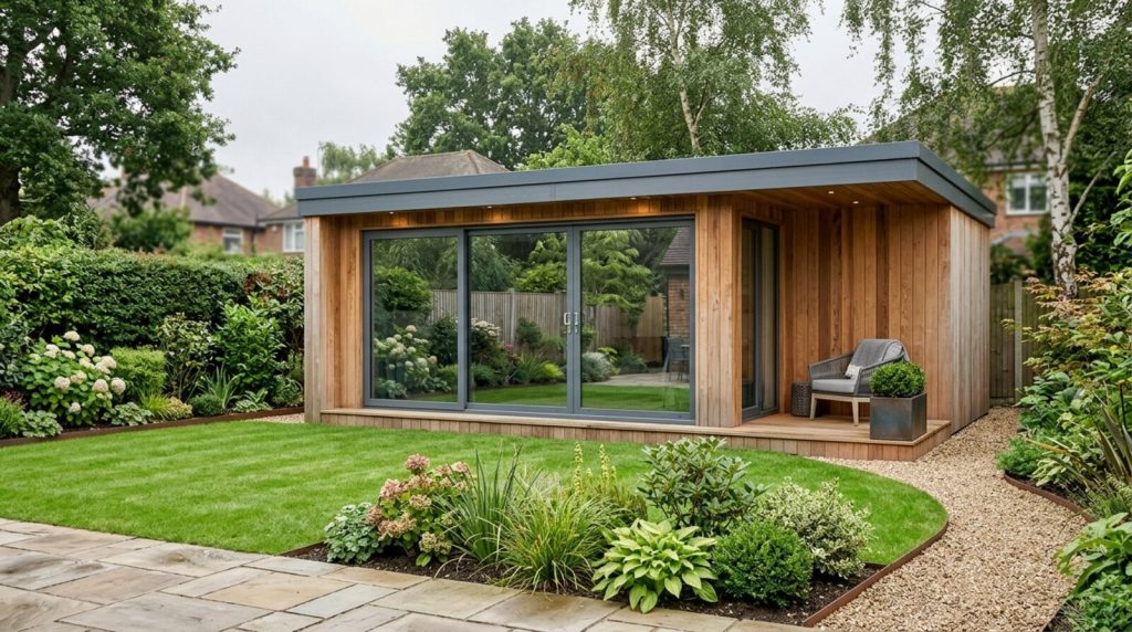 A modern cedar-clad garden room with large glazed doors in a UK back garden