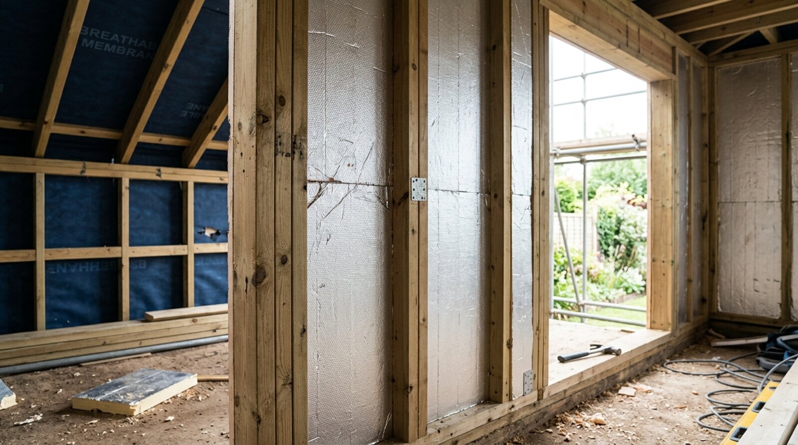Rigid insulation boards fitted between the timber frame of a garden room under construction