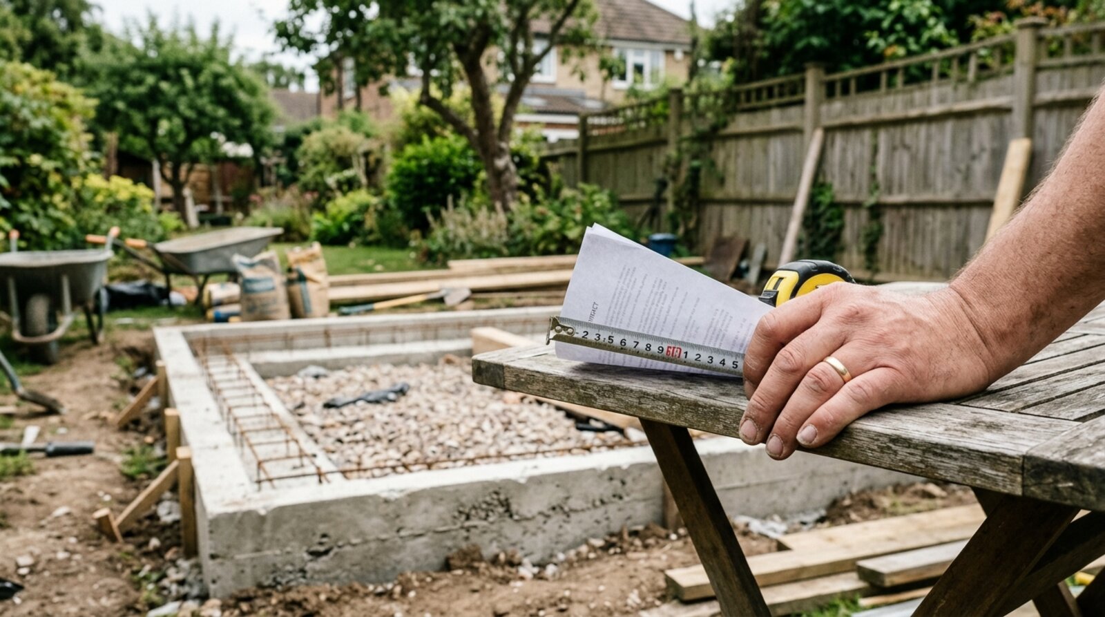 A contract and tape measure on a table beside a concrete garden room base
