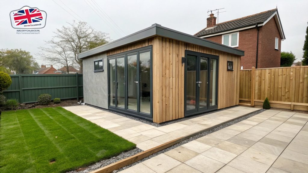 Modern insulated garden room office in a UK back garden