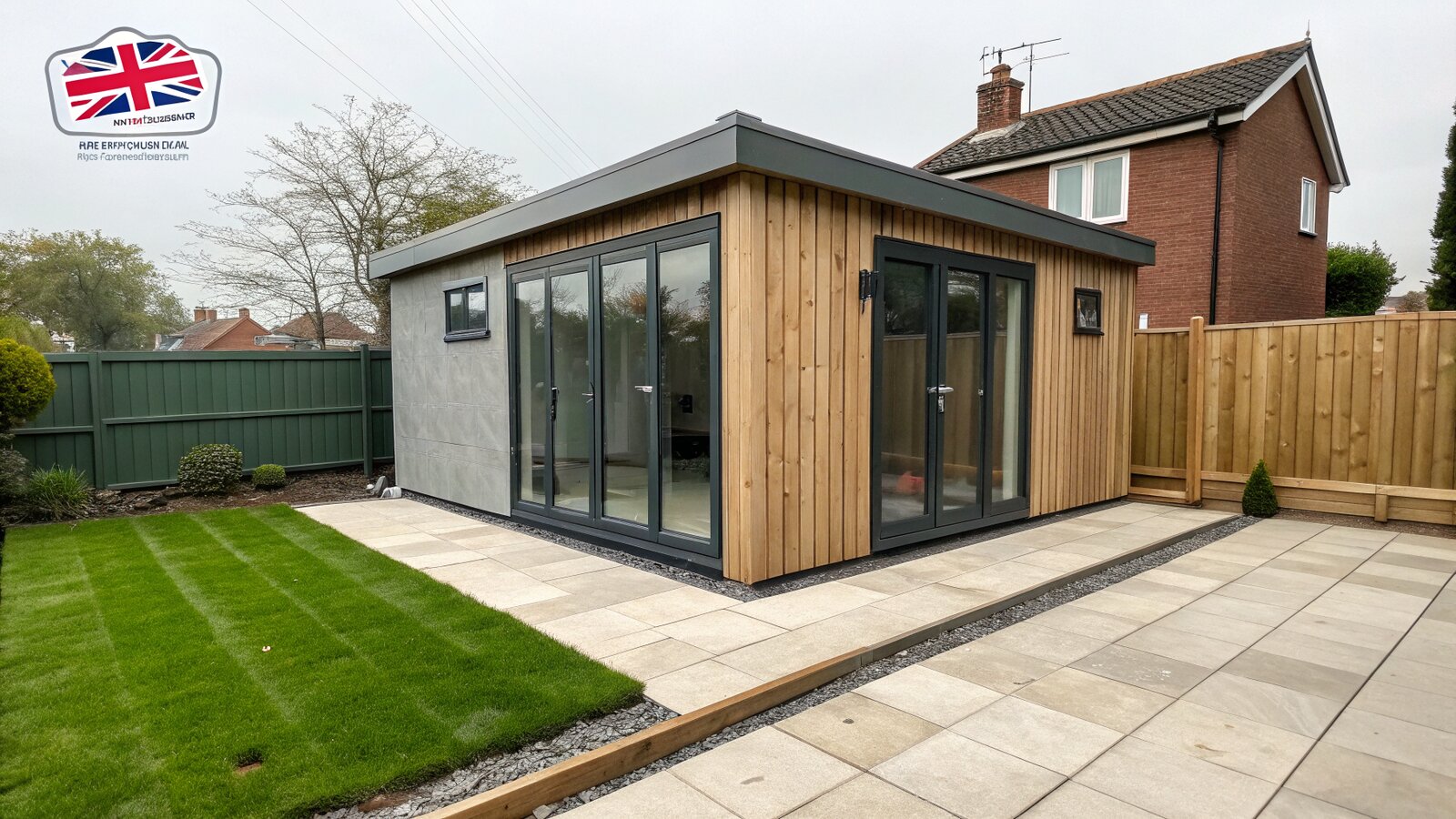 Modern insulated garden room office in a UK back garden