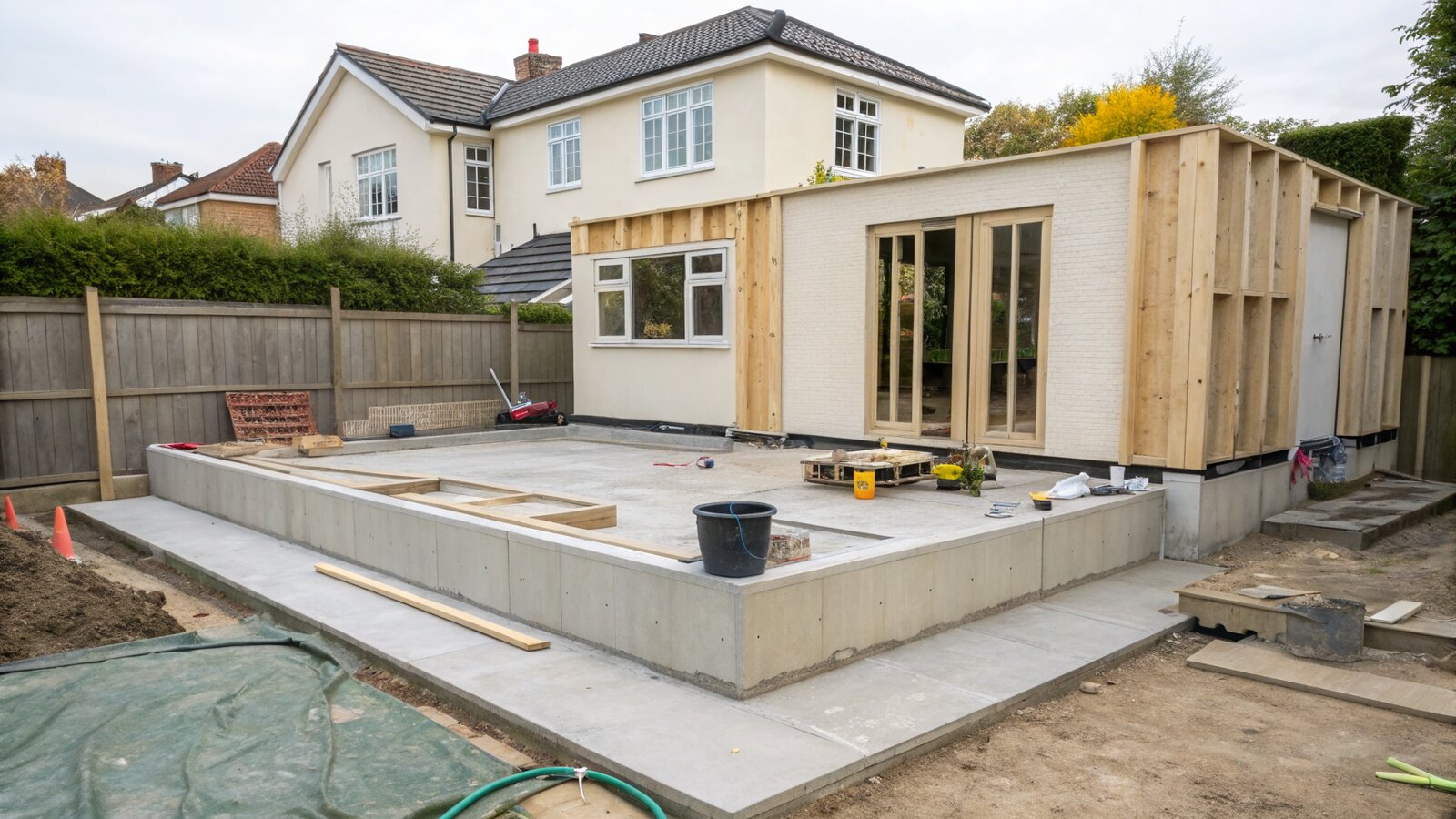 Garden room foundations and insulated timber frame under construction