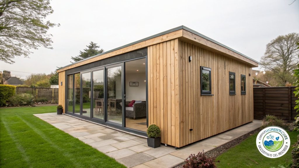 Modern insulated UK garden room with cedar cladding and aluminium sliding doors in a back garden