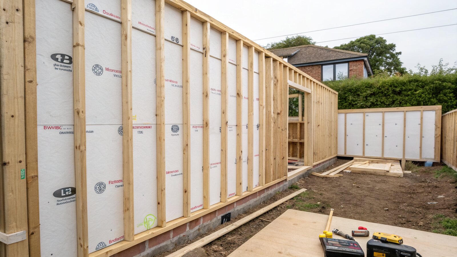 Garden room timber frame with PIR insulation boards being fitted during construction