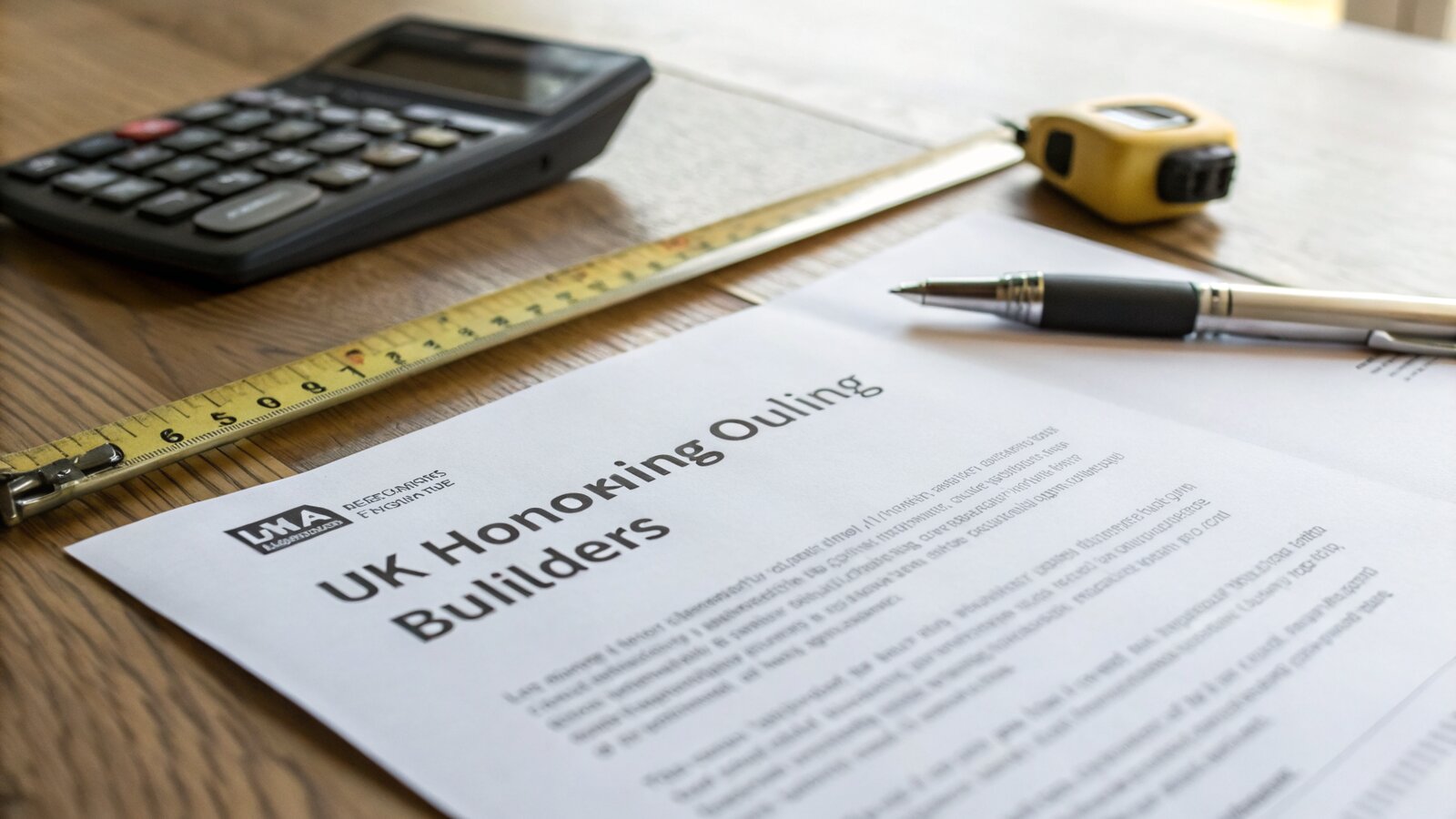 Flat-lay of a building quote, tape measure and calculator used to check garden room cost per square metre