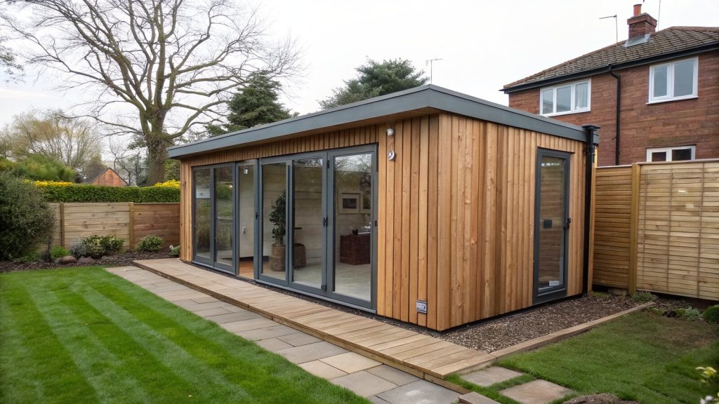 Modern timber-clad garden room with large glazed doors in a UK back garden