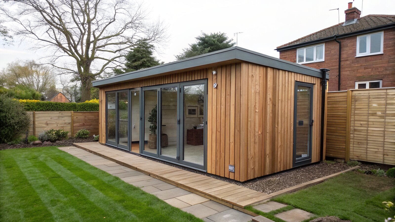 Modern timber-clad garden room with large glazed doors in a UK back garden