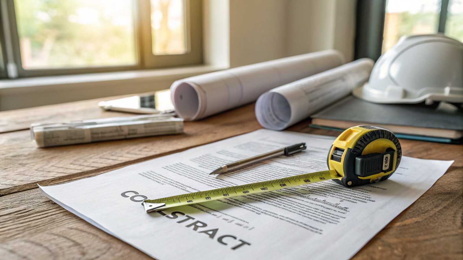 A printed contract, drawings and a tape measure on a workbench