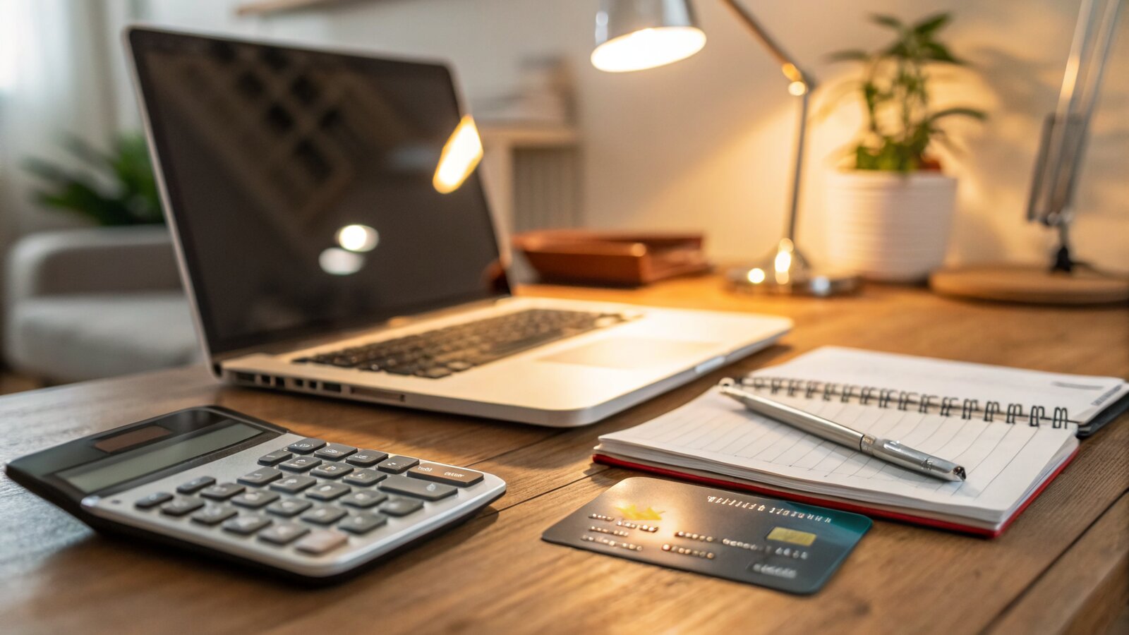 A credit card resting on a laptop beside a calculator on a home desk