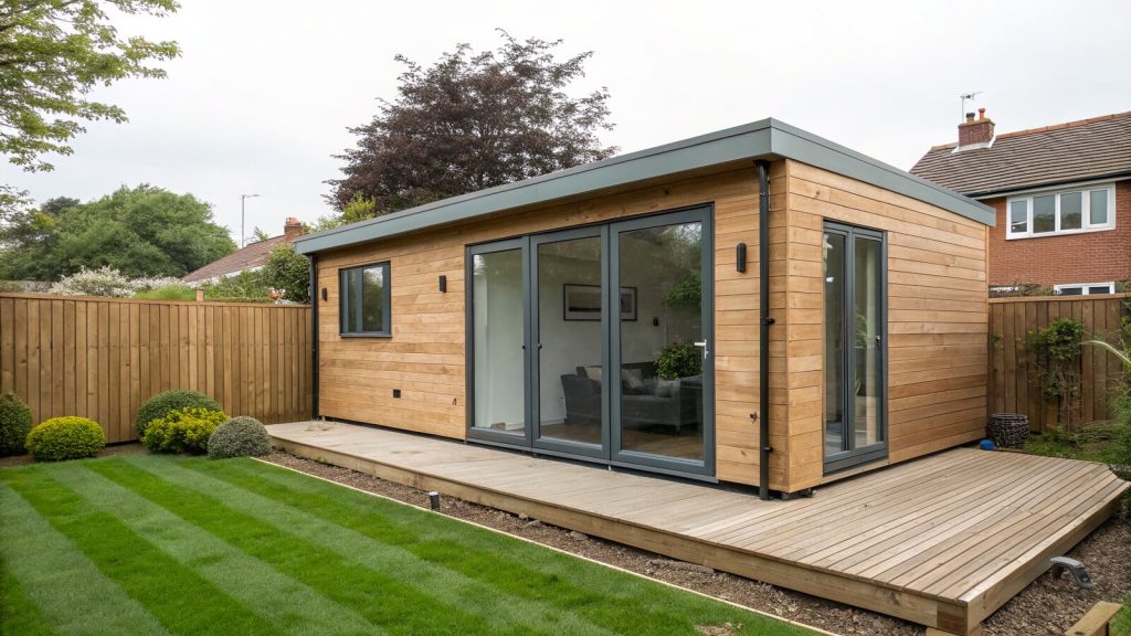 Modern timber-clad garden room with aluminium sliding doors in a UK back garden