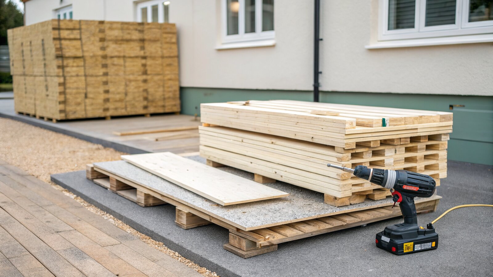 Flat-pack garden room kit timber panels and tools on a UK driveway