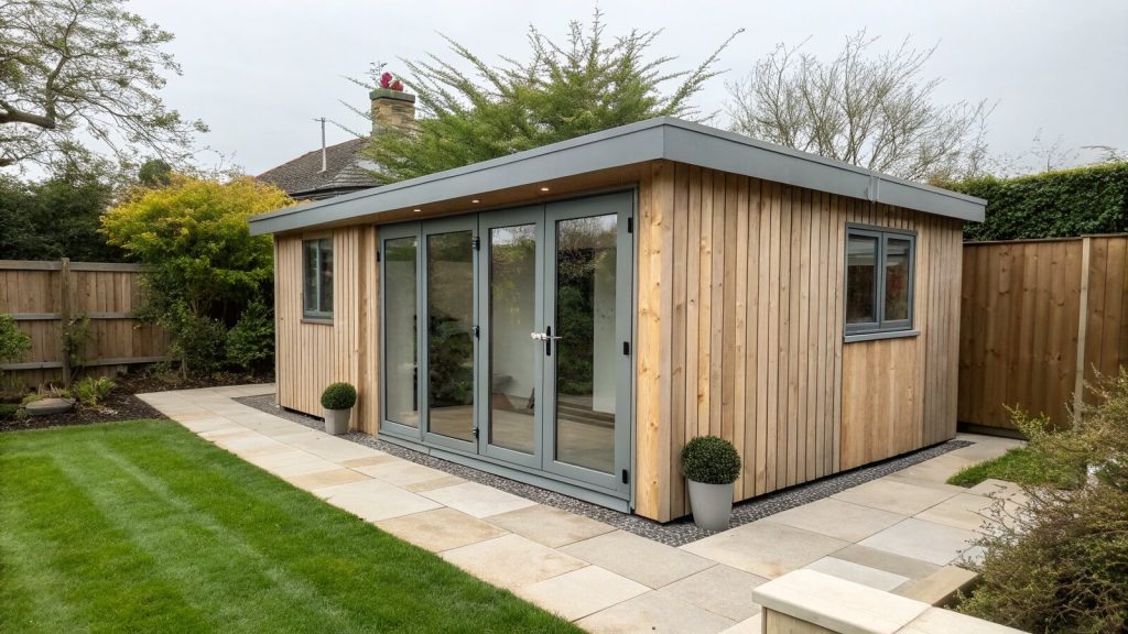 Modern cedar-clad garden room with flat roof and large glazing in a UK garden