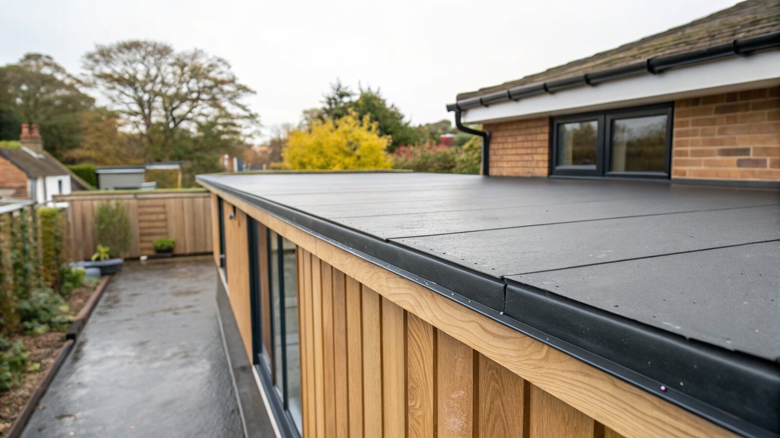 Close-up of EPDM rubber flat roof edge and cedar cladding on a garden room