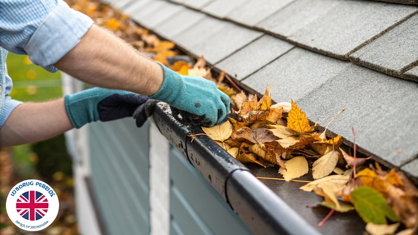 Clearing leaves from a garden room gutter in autumn