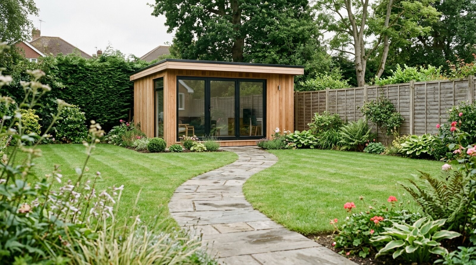 Modern timber-clad garden room with glass sliding doors at the end of a UK back garden lawn