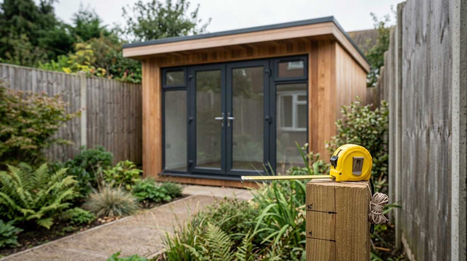 Low garden room built close to a timber boundary fence in a UK garden with a tape measure in the foreground