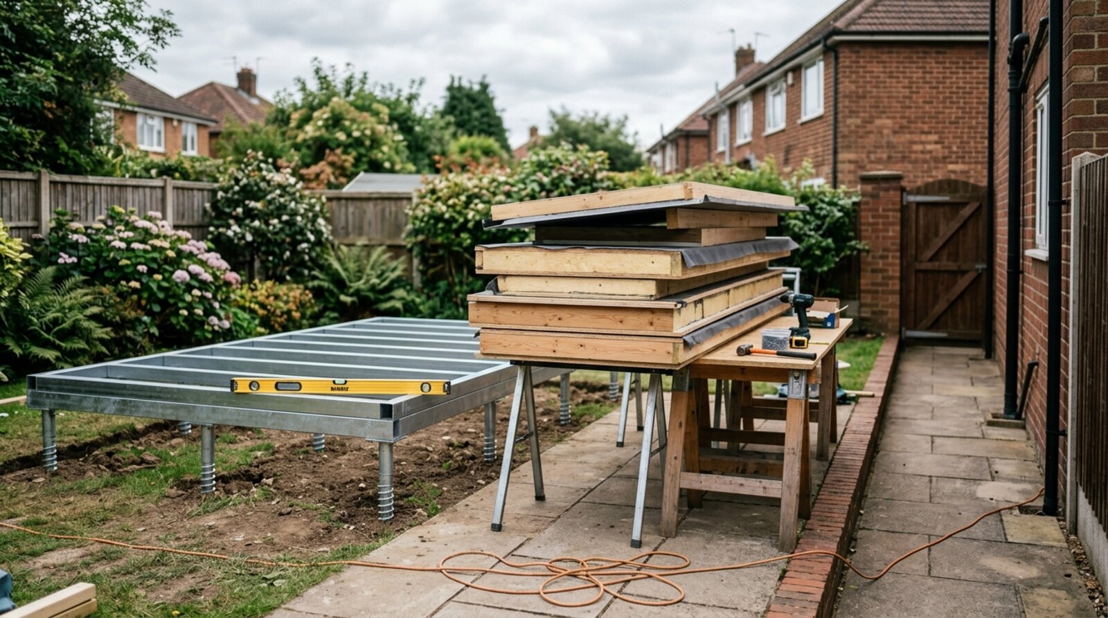 Insulated garden room wall panels stacked beside a prepared steel and ground screw base in a UK garden