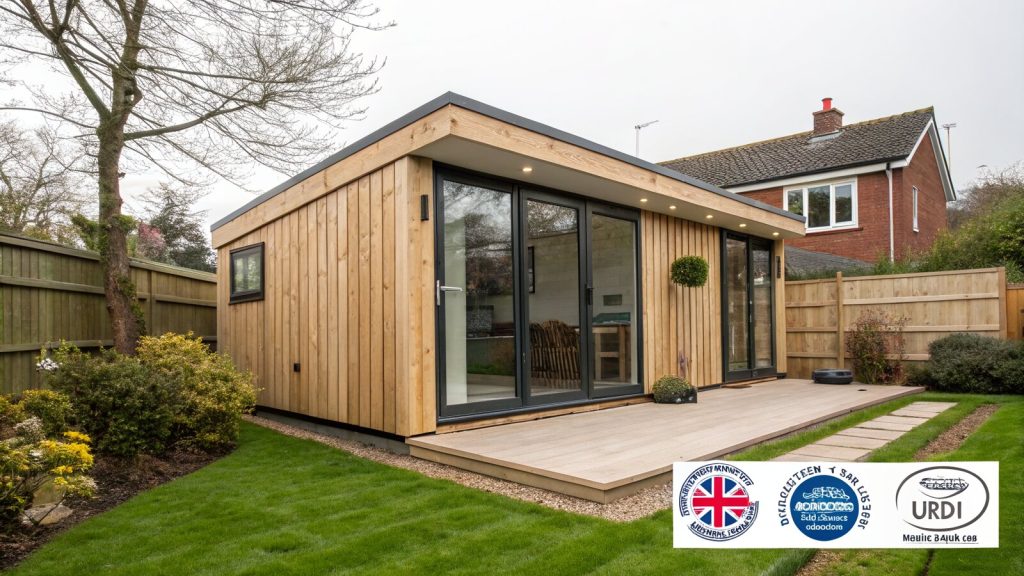 Modern garden room office in a UK back garden