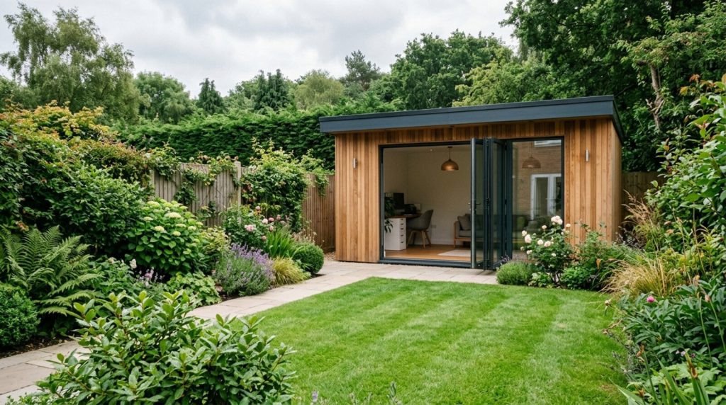 Modern timber-clad garden room with glass doors in a UK back garden