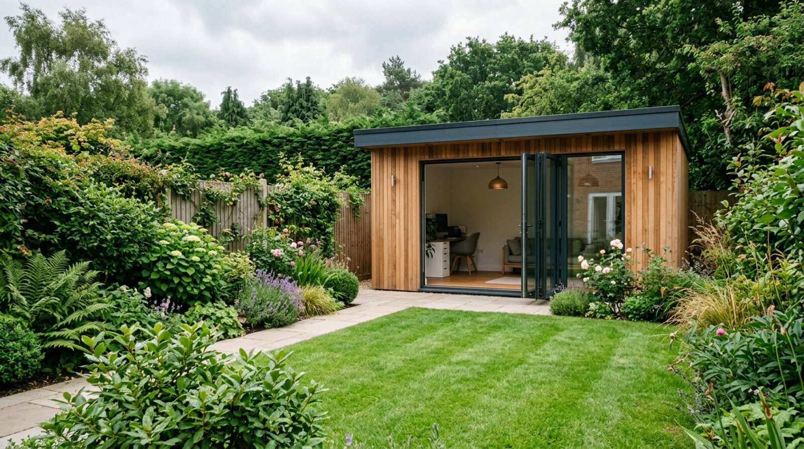 Modern timber-clad garden room with glass doors in a UK back garden