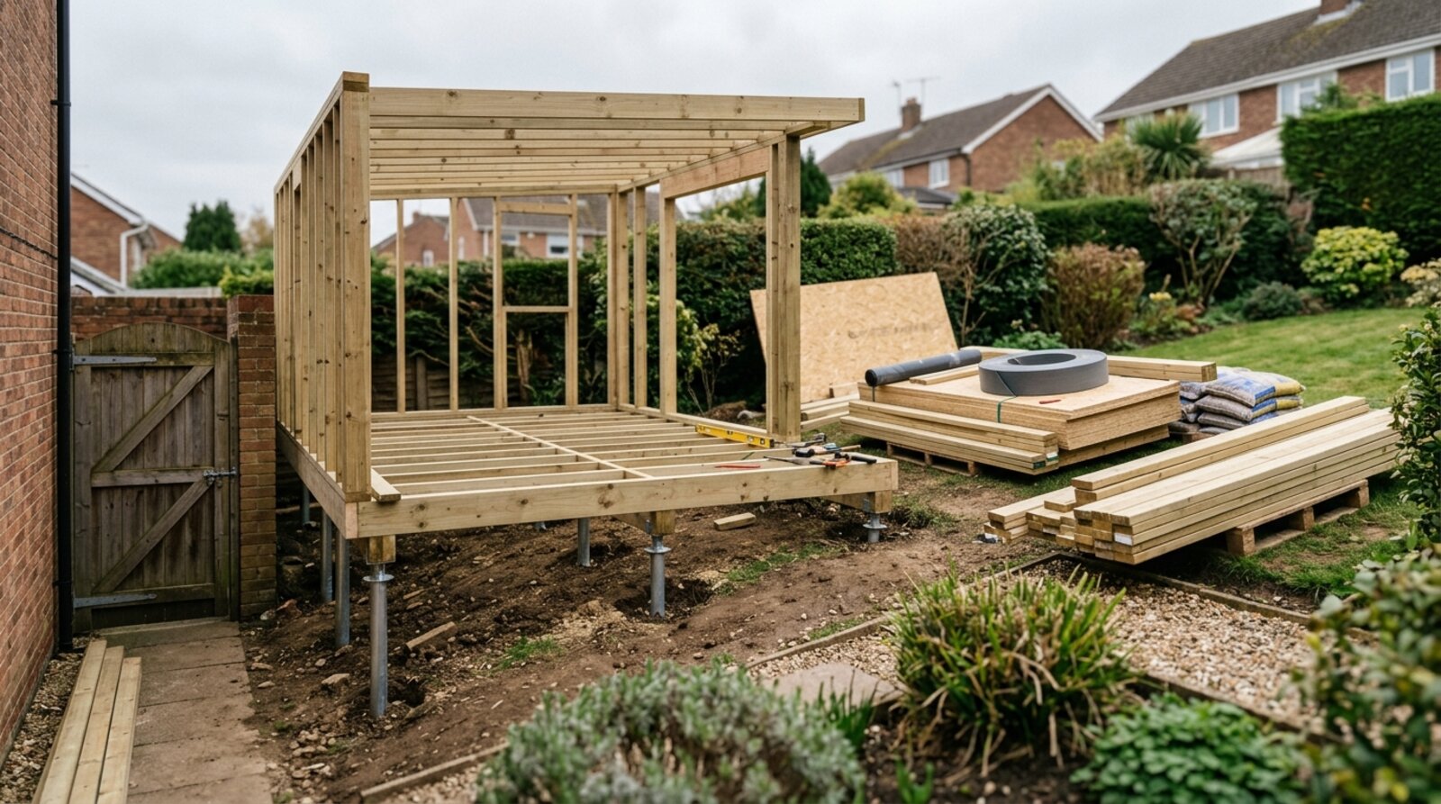 Timber-framed garden room being built on a sloping garden site with restricted access