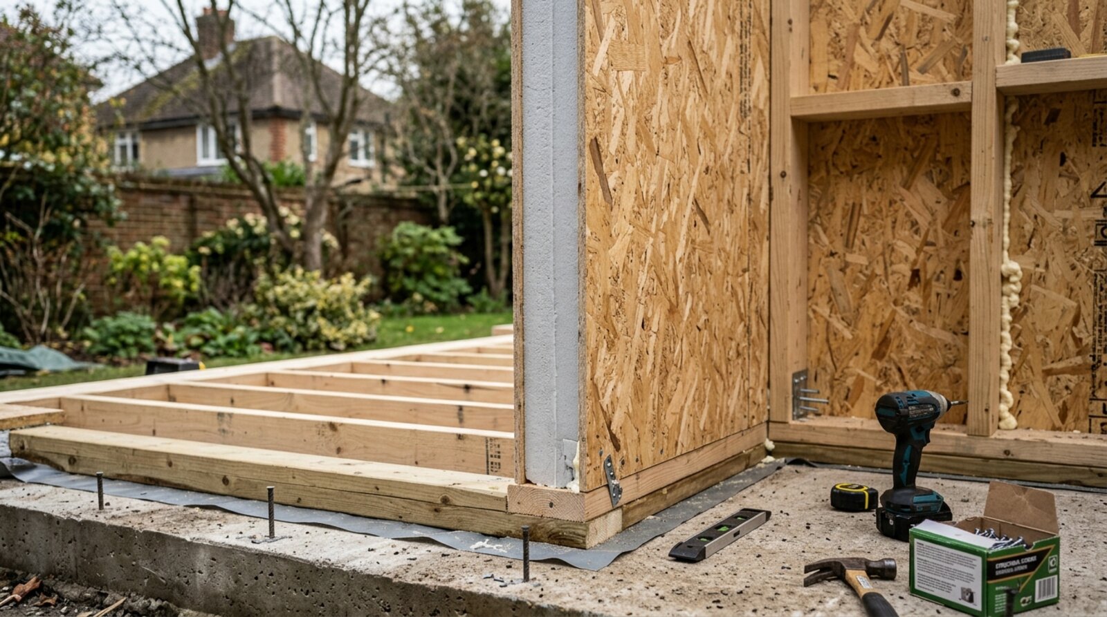 Structural insulated panels and timber framing on a prepared base for a garden room
