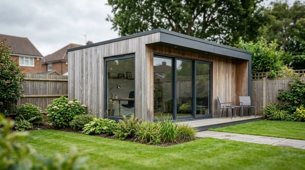 A second-hand timber garden room standing in a UK back garden