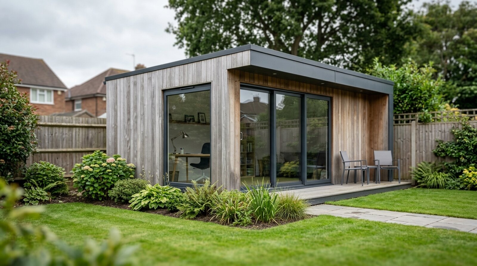 A second-hand timber garden room standing in a UK back garden