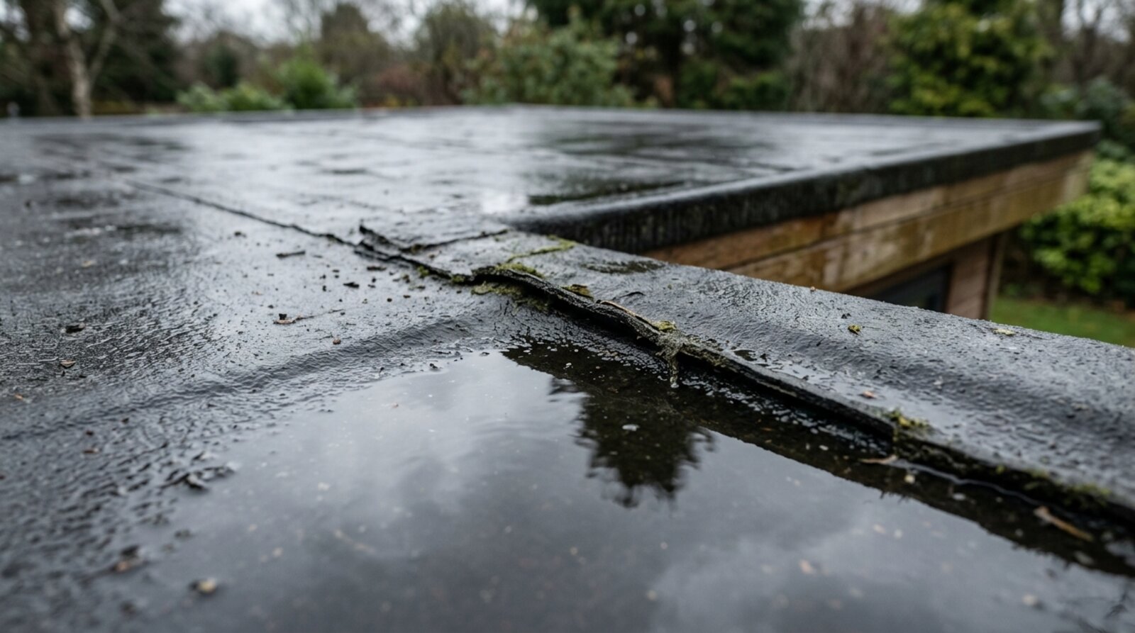 Worn flat rubber roof on a garden room with pooled water