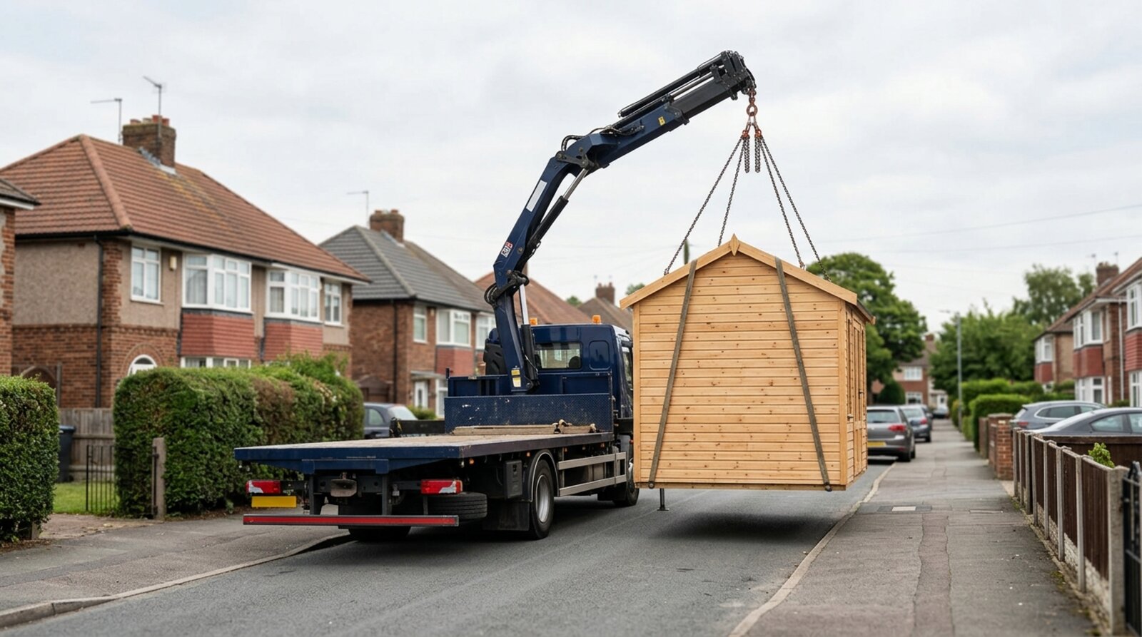 A garden room being lifted onto a lorry by a hiab crane in a UK street